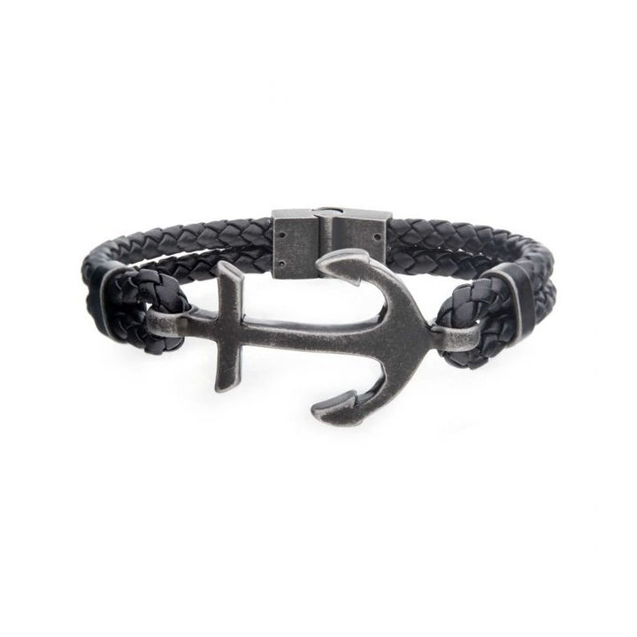 INOX Jewelry Black Antiqued Double Anchor Leather Bracelet BR2215