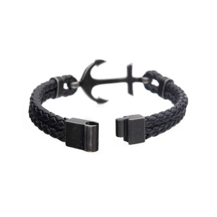INOX Jewelry Black Antiqued Double Anchor Leather Bracelet
