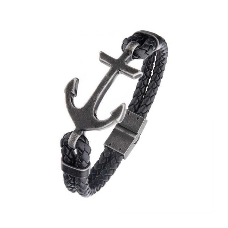 INOX Jewelry Black Antiqued Double Anchor Leather Bracelet