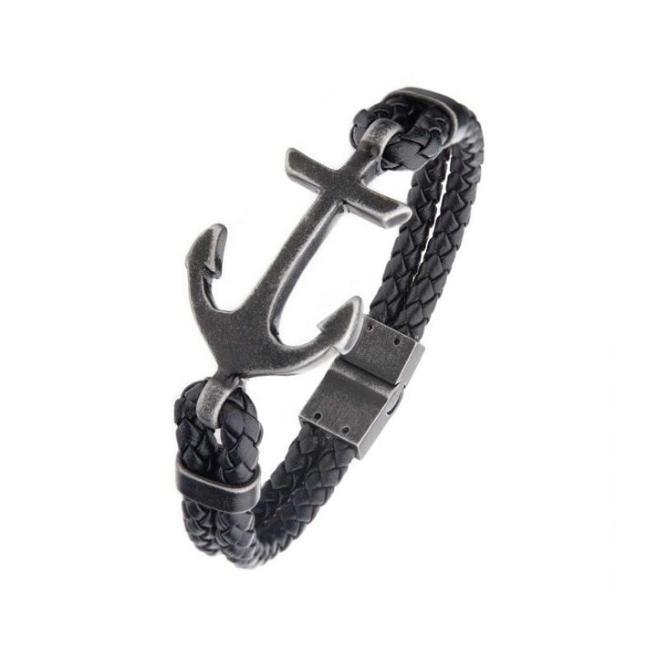 INOX Jewelry Black Antiqued Double Anchor Leather Bracelet