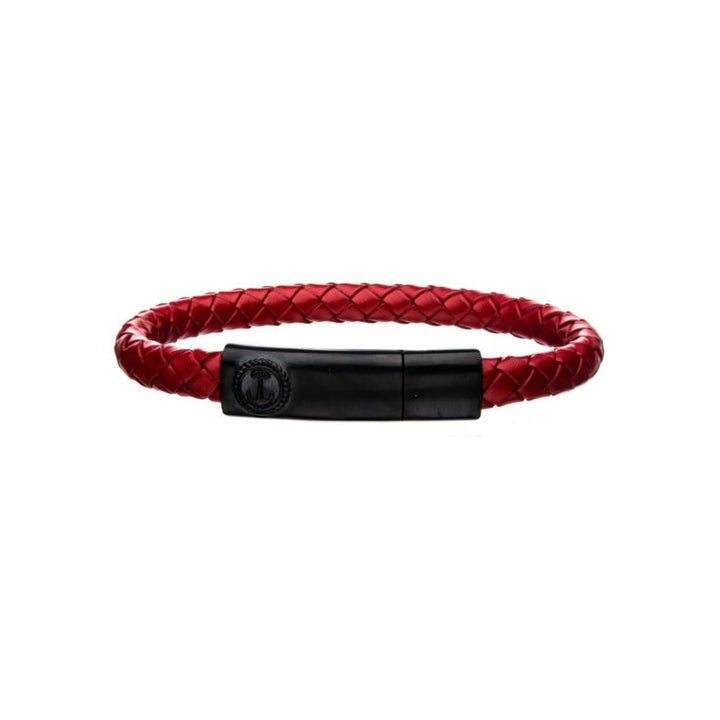 INOX Jewelry Red Leather with Anchor in Brushed Black IP Clasp Bar Bracelet BR24133REDK