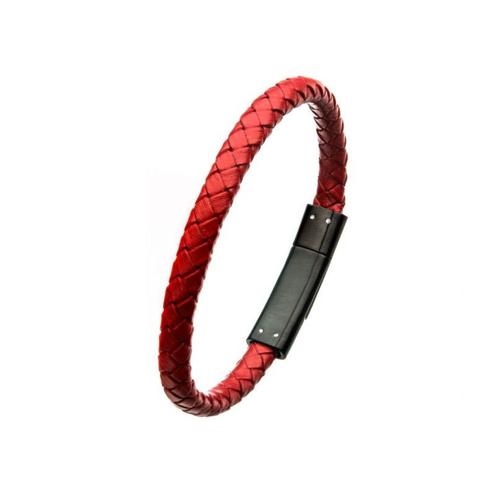 INOX Jewelry Red Leather with Anchor in Brushed Black IP Clasp Bar Bracelet