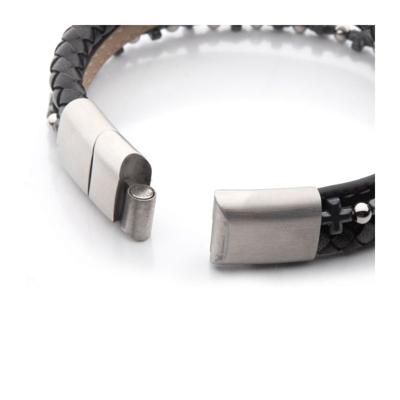 INOX Jewelry Denim, Black & Brown Full Grain Cowhide Leather with Hematite Cross Bead Multi-Strand Bracelet