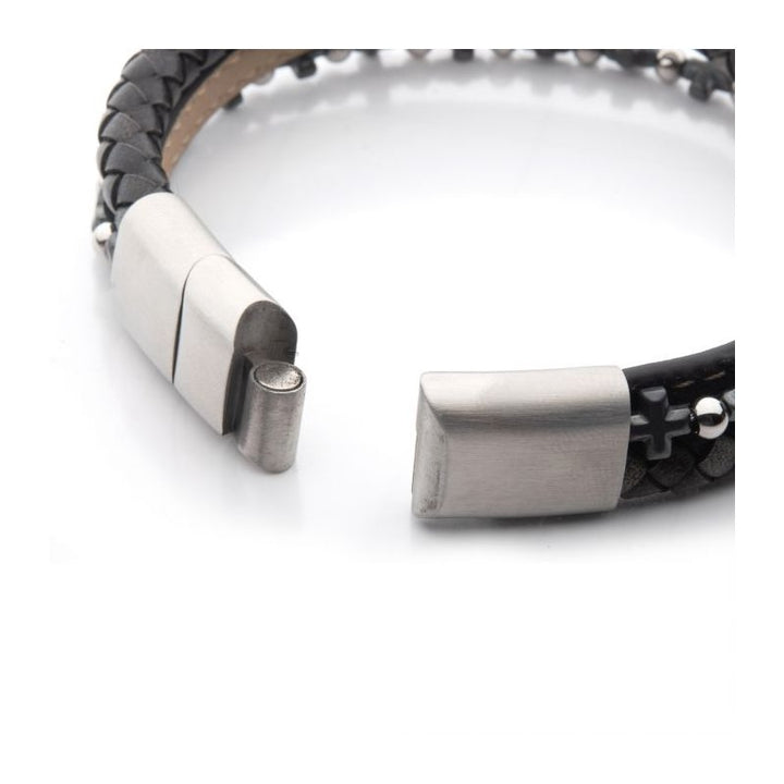 INOX Jewelry Denim, Black & Brown Full Grain Cowhide Leather with Hematite Cross Bead Multi-Strand Bracelet