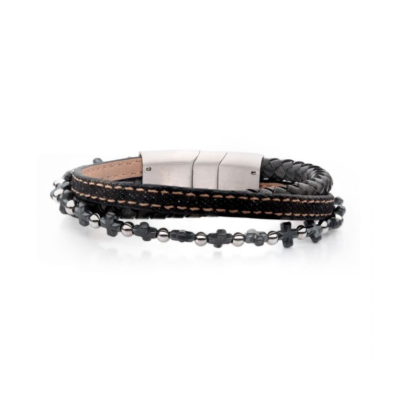 INOX Jewelry Denim, Black & Brown Full Grain Cowhide Leather with Hematite Cross Bead Multi-Strand Bracelet