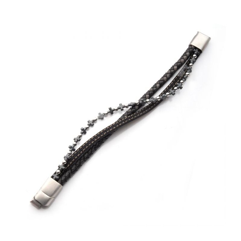INOX Jewelry Denim, Black & Brown Full Grain Cowhide Leather with Hematite Cross Bead Multi-Strand Bracelet