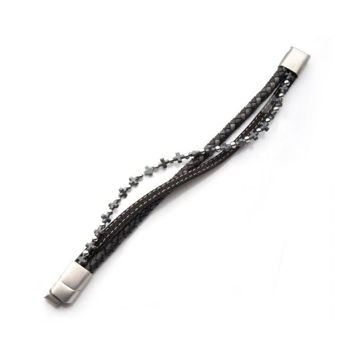 INOX Jewelry Denim, Black & Brown Full Grain Cowhide Leather with Hematite Cross Bead Multi-Strand Bracelet