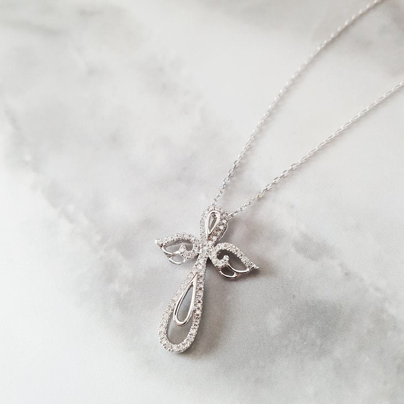 Angel Wings 14k White Gold Diamond Cross Necklace