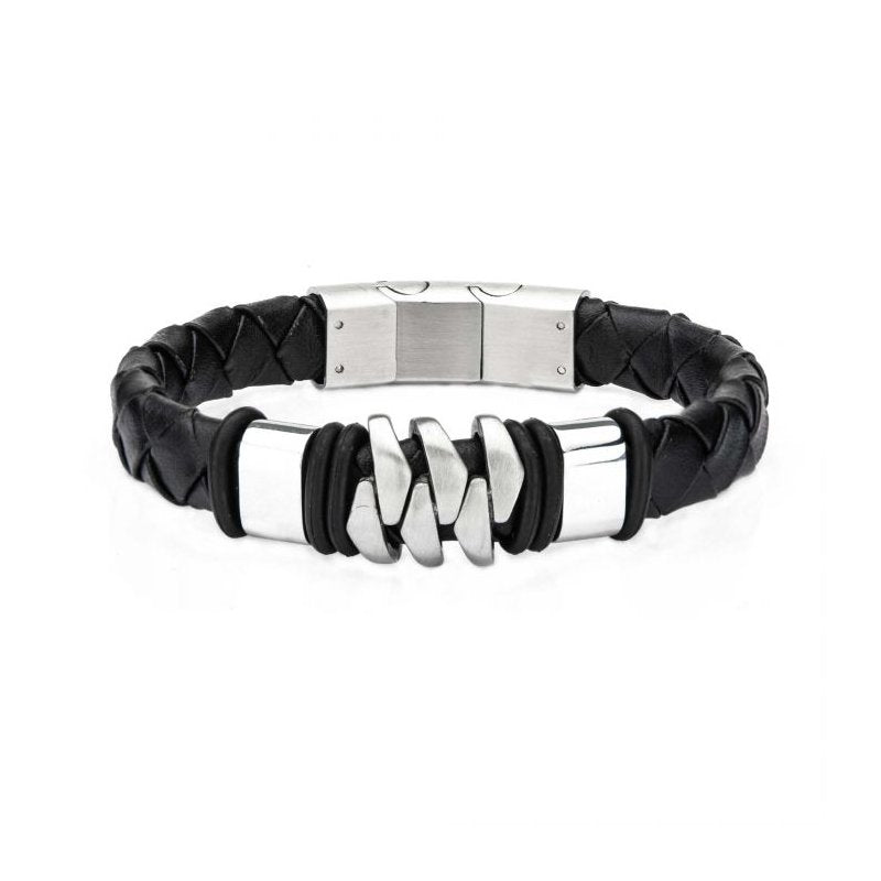 INOX Jewelry Stainless Steel & Matte Black Leather Bohemian Bracelet