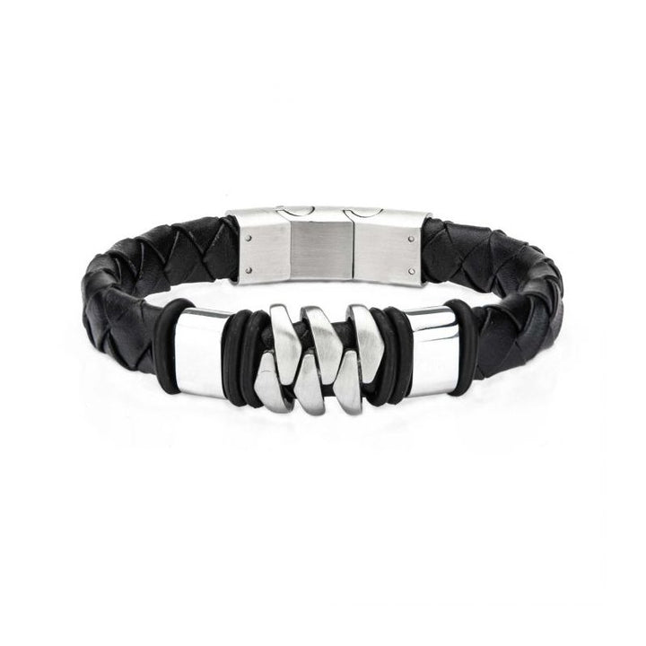 INOX Jewelry Stainless Steel & Matte Black Leather Bohemian Bracelet