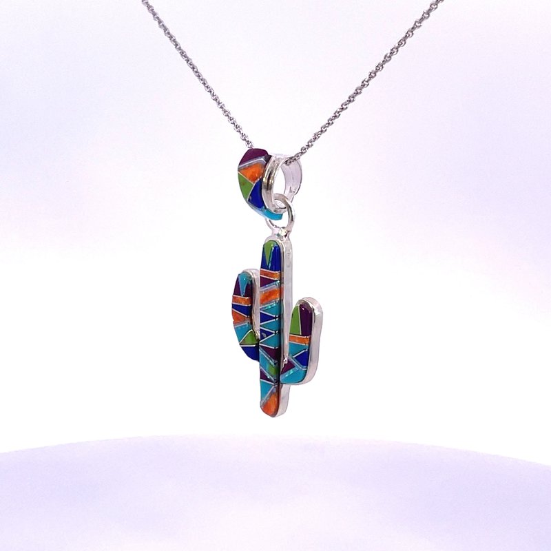 Arizona Turquoise and Inlaid Jewelry Colorful Saguaro Cactus Pendant