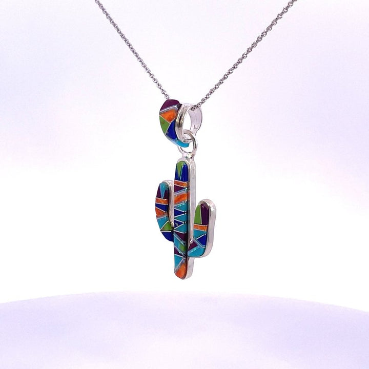 Arizona Turquoise and Inlaid Jewelry Colorful Saguaro Cactus Pendant