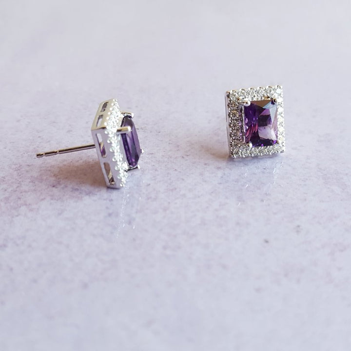 Arizona Amethyst Gold Jewelry Radiant Cut Amethyst and Diamond Studs