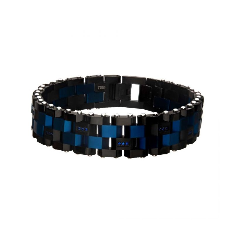 INOX Jewelry Blue & Black IP with 36pcs CNC Prong Set Blue AAA CZ Link Bracelet BR358BK