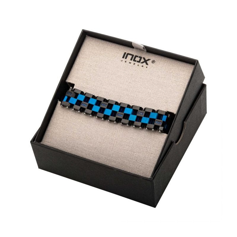 INOX Jewelry Blue & Black IP with 36pcs CNC Prong Set Blue AAA CZ Link Bracelet