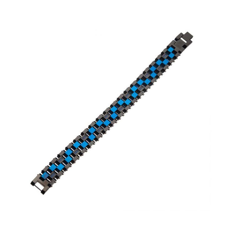 INOX Jewelry Blue & Black IP with 36pcs CNC Prong Set Blue AAA CZ Link Bracelet
