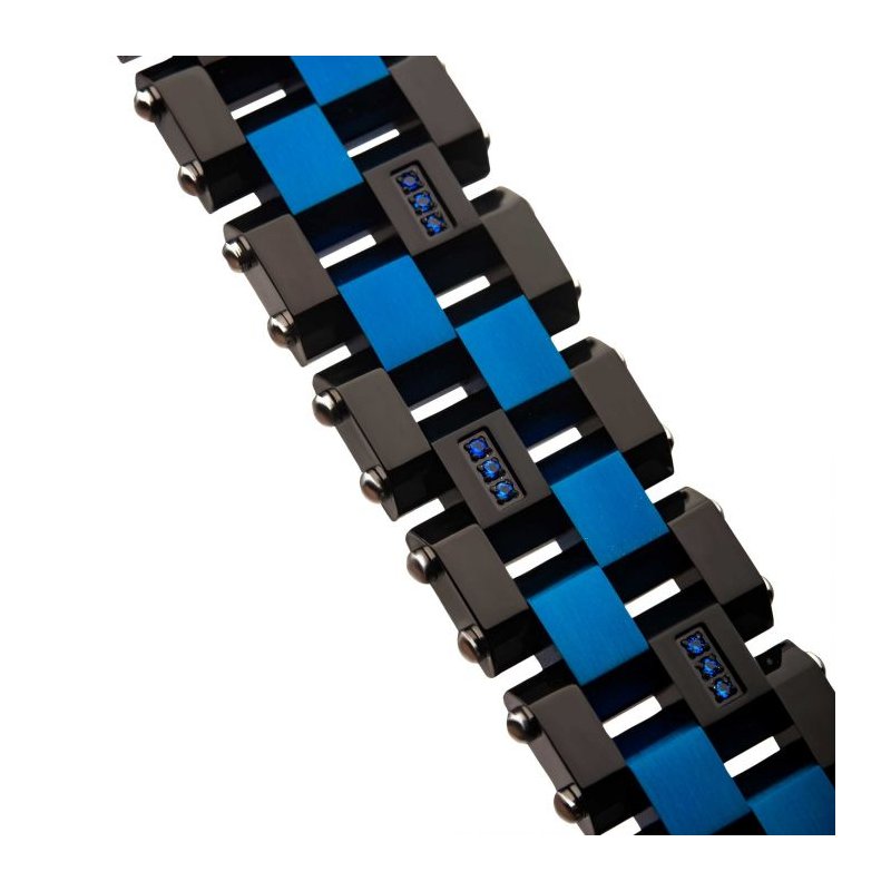 INOX Jewelry Blue & Black IP with 36pcs CNC Prong Set Blue AAA CZ Link Bracelet