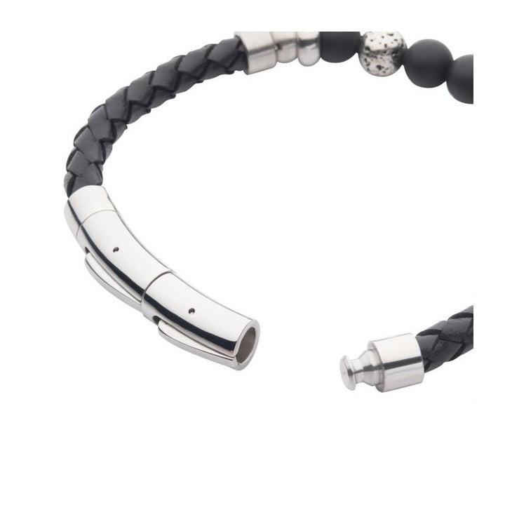 INOX Jewelry Black Braided Leather with Onyx Stone Bead Hybrid Bracelet