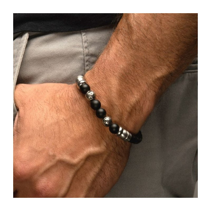 INOX Jewelry Black Braided Leather with Onyx Stone Bead Hybrid Bracelet