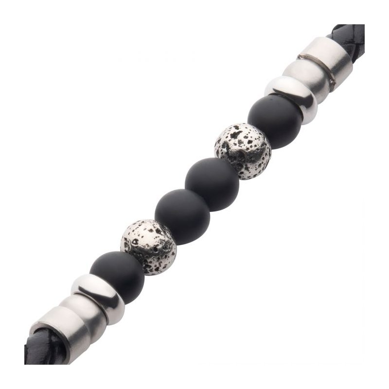 INOX Jewelry Black Braided Leather with Onyx Stone Bead Hybrid Bracelet
