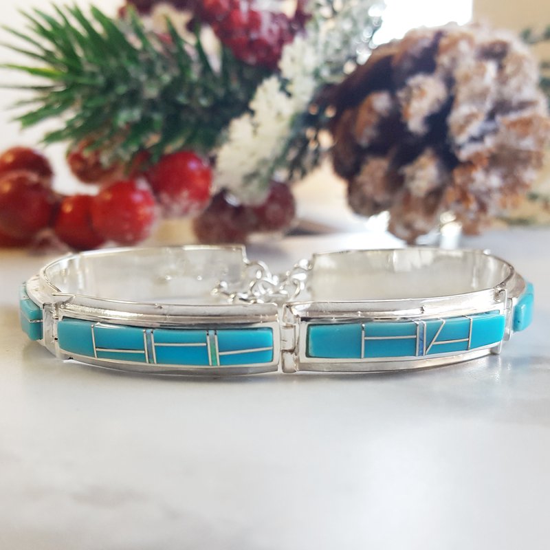 Arizona Turquoise and Inlaid Jewelry Elongated link Turquoise Bracelet
