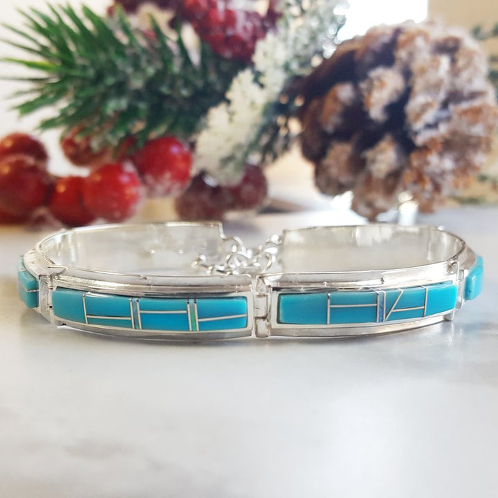Arizona Turquoise and Inlaid Jewelry Elongated link Turquoise Bracelet