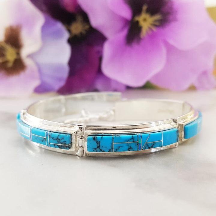 Arizona Turquoise and Inlaid Jewelry Elongated link Turquoise Bracelet 2411190