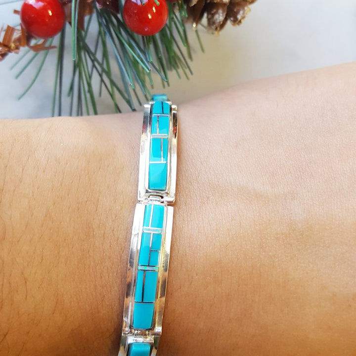 Arizona Turquoise and Inlaid Jewelry Elongated link Turquoise Bracelet
