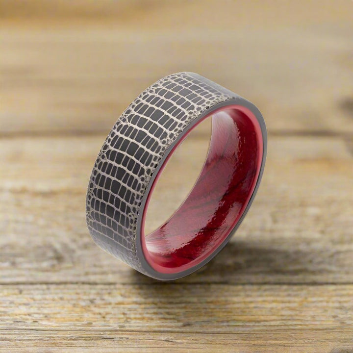 INOX Jewelry Titanium Black IP with Reptile Skin Pattern with Inner Rosewood Comfort Fit Ring TIFR9005