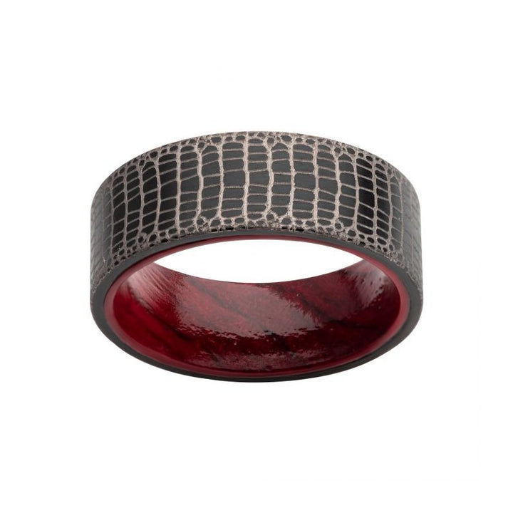 INOX Jewelry Titanium Black IP with Reptile Skin Pattern with Inner Rosewood Comfort Fit Ring
