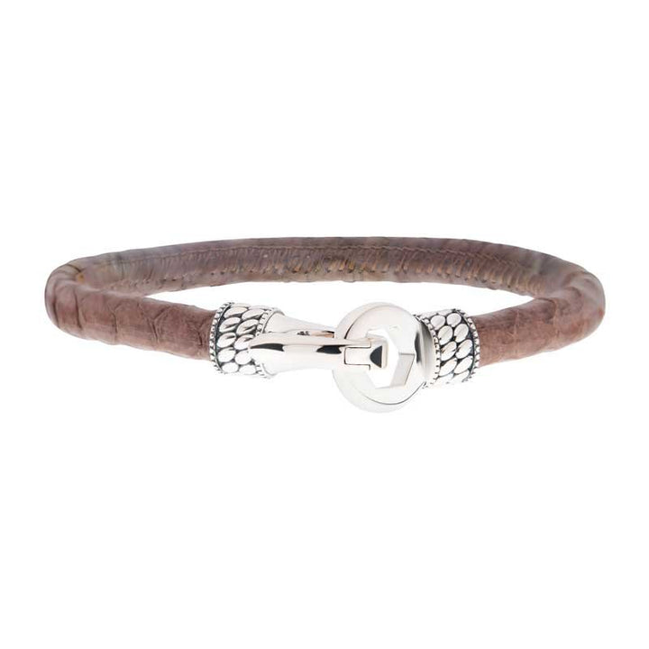 INOX Jewelry Brown Soft Python Snake Leather Bracelet with Hinged Polished Finish 925 Sterling Silver Clasp SLVBRLB06A-85