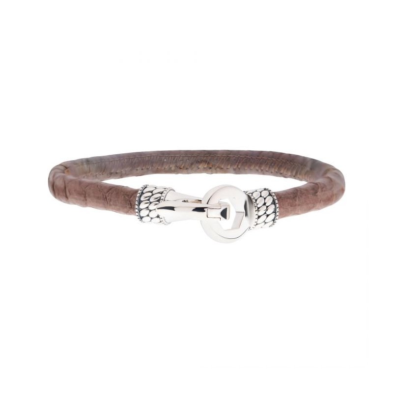 INOX Jewelry Brown Soft Python Snake Leather Bracelet with Hinged Polished Finish 925 Sterling Silver Clasp