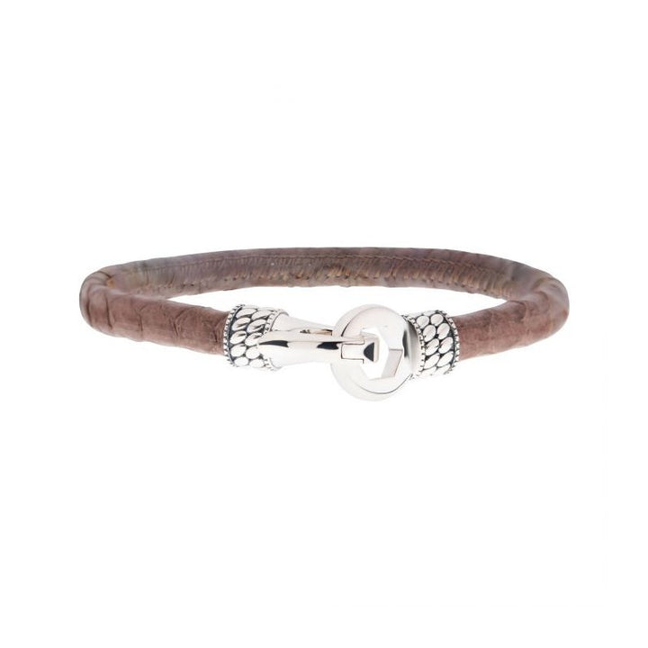 INOX Jewelry Brown Soft Python Snake Leather Bracelet with Hinged Polished Finish 925 Sterling Silver Clasp