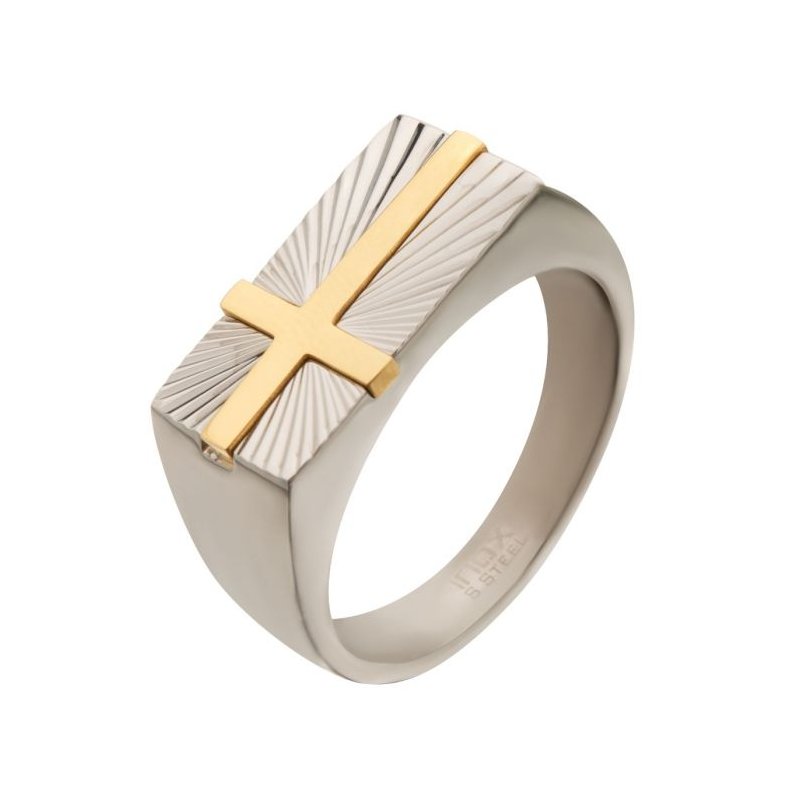 INOX Jewelry Stainless Steel with Gold IP Transfiguration Cross Ring