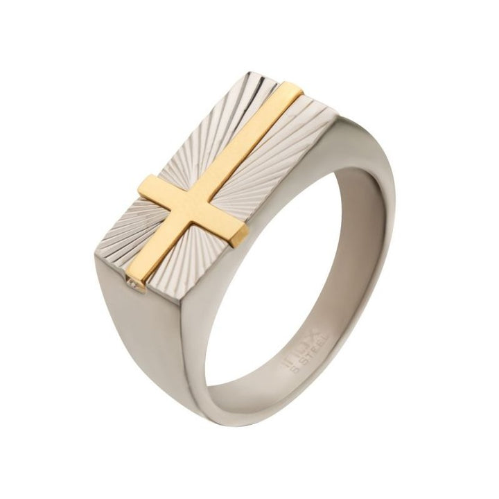 INOX Jewelry Stainless Steel with Gold IP Transfiguration Cross Ring
