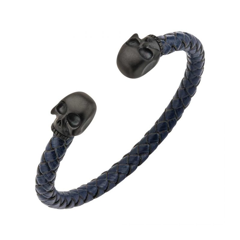 INOX Jewelry Blue Leather with Black IP Skull Cuff Bracelet