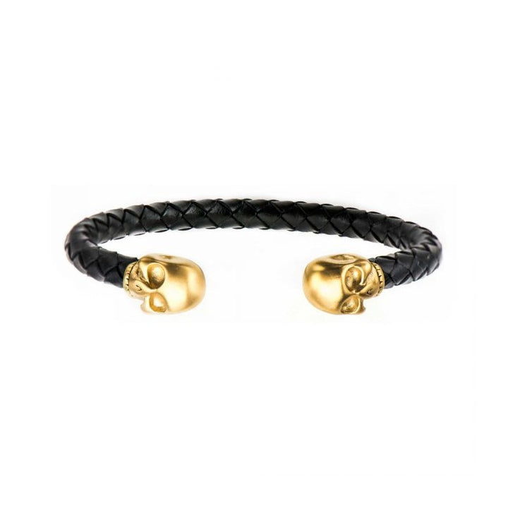 INOX Jewelry Black Leather with Gold IP Skull Cuff Bracelet BR3922G