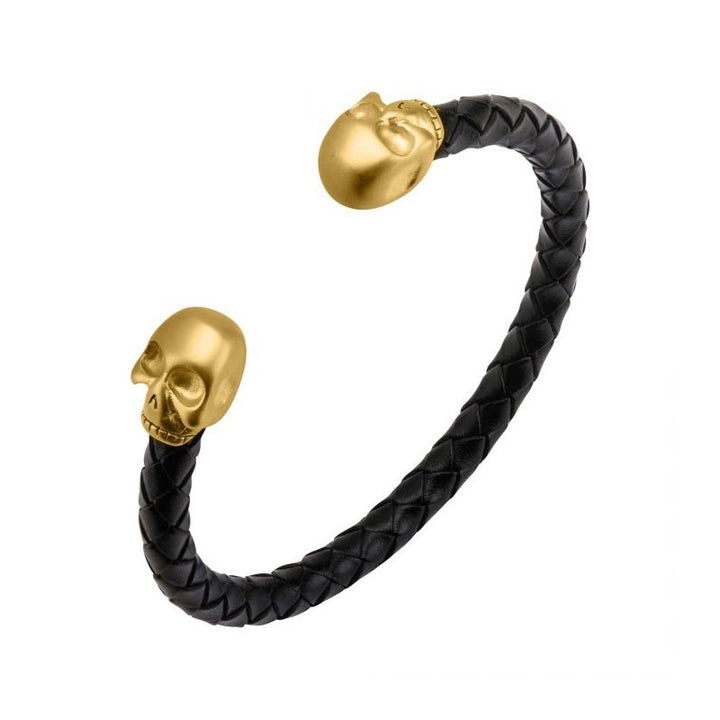 INOX Jewelry Black Leather with Gold IP Skull Cuff Bracelet