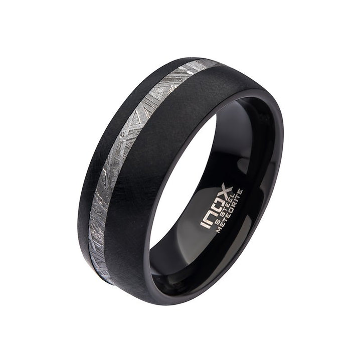 INOX Jewelry 8mm Black IP Comfort Fit Ring with 2mm Meteorite Inlay FRMT1376K
