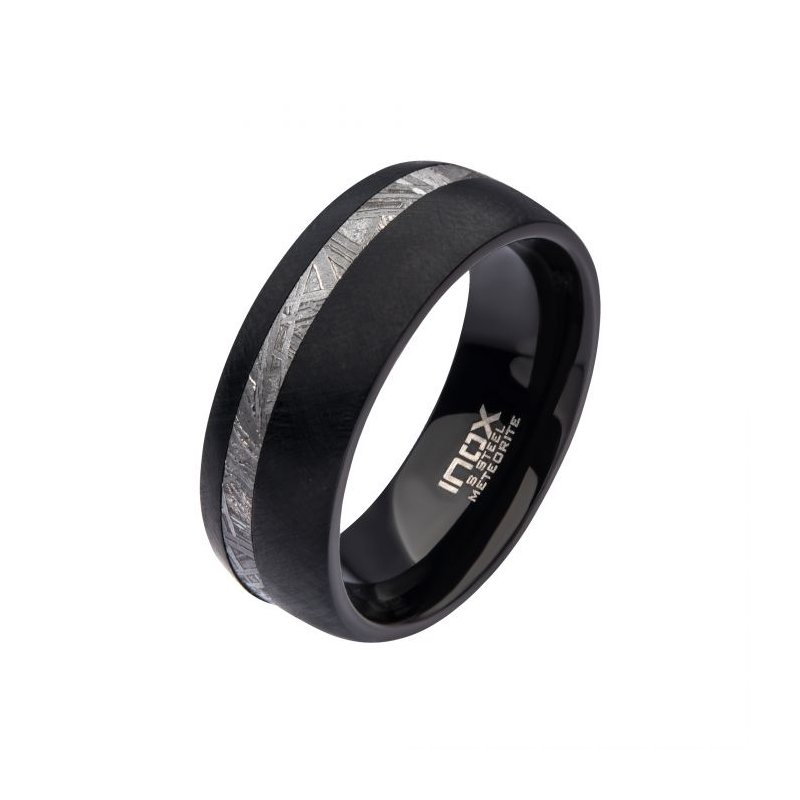 INOX Jewelry 8mm Black IP Comfort Fit Ring with 2mm Meteorite Inlay