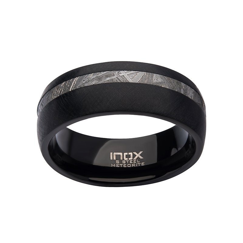 INOX Jewelry 8mm Black IP Comfort Fit Ring with 2mm Meteorite Inlay