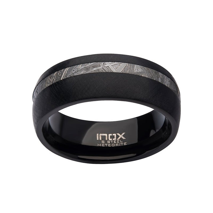 INOX Jewelry 8mm Black IP Comfort Fit Ring with 2mm Meteorite Inlay
