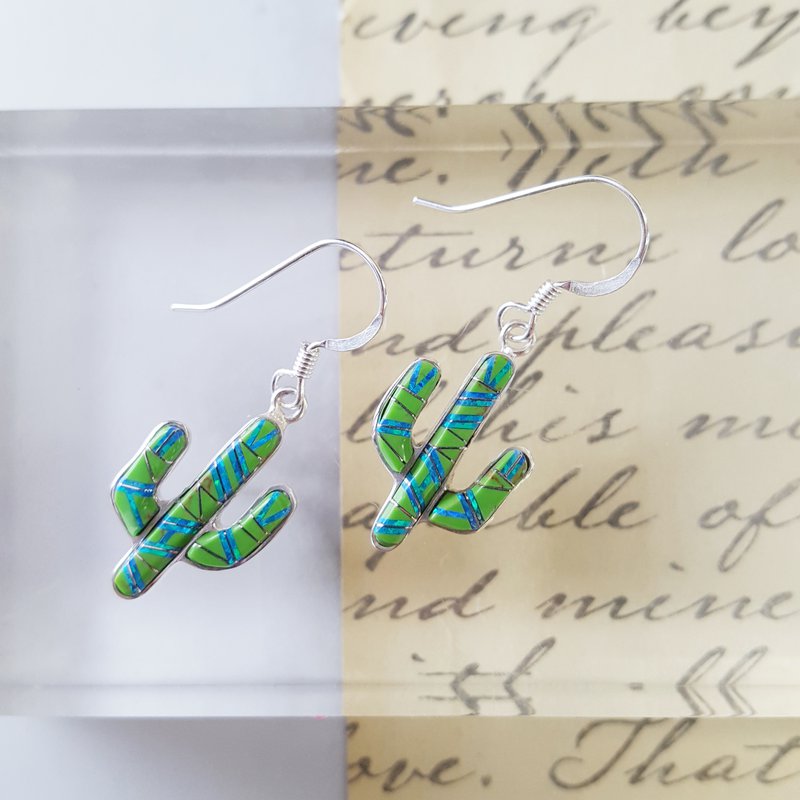  Arizona Turquoise and Inlaid Jewelry Gaspeite Saguaro Cactus Earrings 2411188 - Sami Fine Jewelry