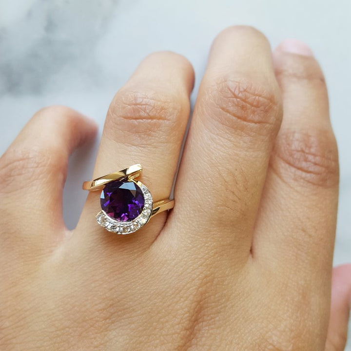Arizona Amethyst Gold Jewelry Asymmetrical Half Halo Ring