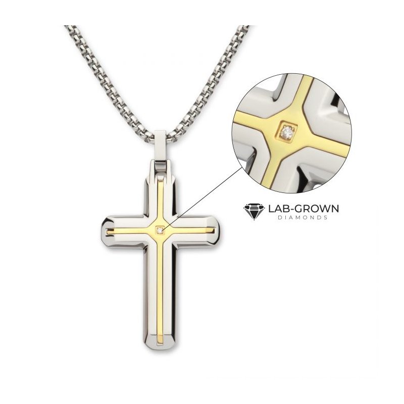INOX Jewelry 18Kt Gold IP Stainless Steel Two Tone Lab-Grown Diamond Cross Pendant with Box Chain DMSSP19155GPNK