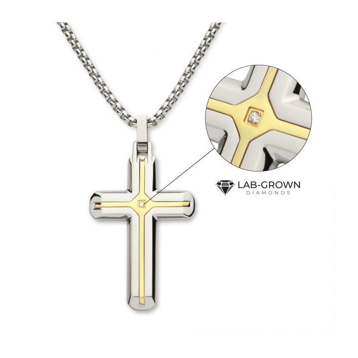 INOX Jewelry 18Kt Gold IP Stainless Steel Two Tone Lab-Grown Diamond Cross Pendant with Box Chain DMSSP19155GPNK
