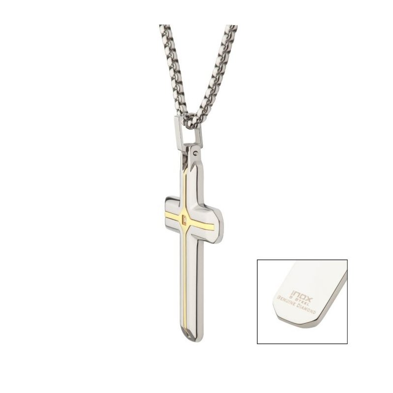 INOX Jewelry 18Kt Gold IP Stainless Steel Two Tone Lab-Grown Diamond Cross Pendant with Box Chain
