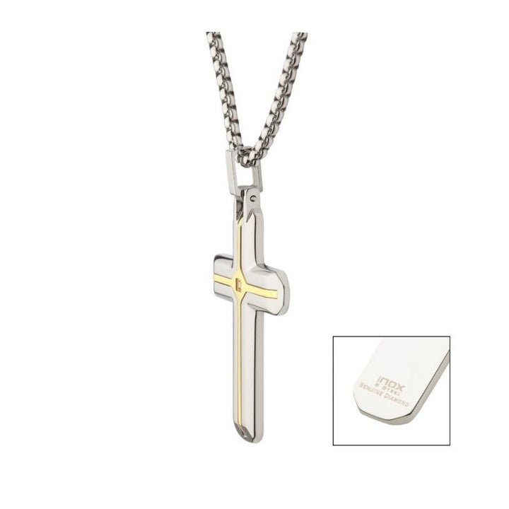 INOX Jewelry 18Kt Gold IP Stainless Steel Two Tone Lab-Grown Diamond Cross Pendant with Box Chain