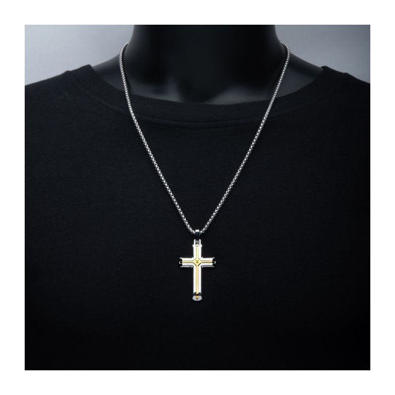 INOX Jewelry 18Kt Gold IP Stainless Steel Two Tone Lab-Grown Diamond Cross Pendant with Box Chain