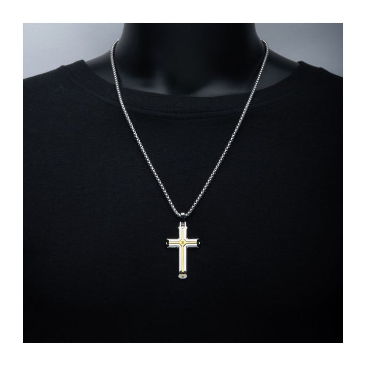 INOX Jewelry 18Kt Gold IP Stainless Steel Two Tone Lab-Grown Diamond Cross Pendant with Box Chain